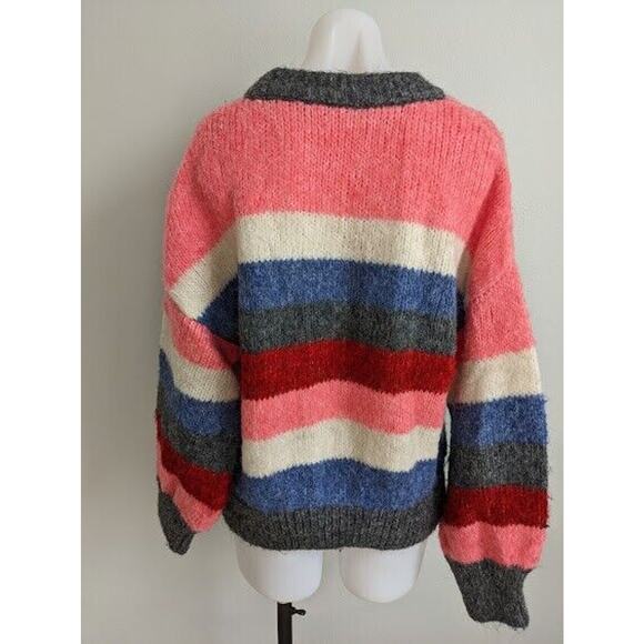 Zara Knit Medium Knitted Sweater Pullover Grey Pink Blue Colorblock Crew Neck - Picture 6 of 8